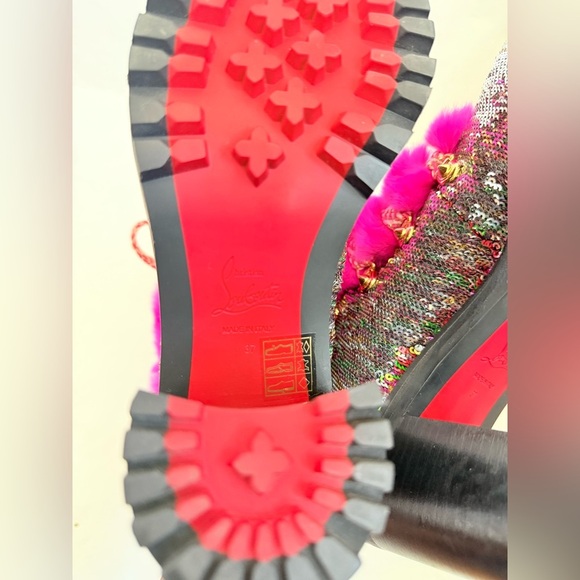 Christian Louboutin Paillettes Fanny 70 Pink Rabbit Fur Heel Combat Boots EU 37 - Picture 10 of 12